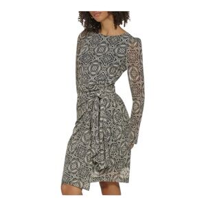 Tommy Hilfiger Women's Long Sleeve Round Neck Mesh Side Tie Printed Dress